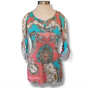 Studio F Women's pink blue scarf print top with roll up sleeves size medium